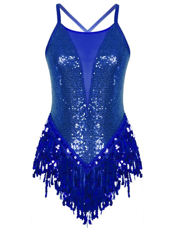 Women Sparkling Sequin Tassel Latin Dance Leotard thumb