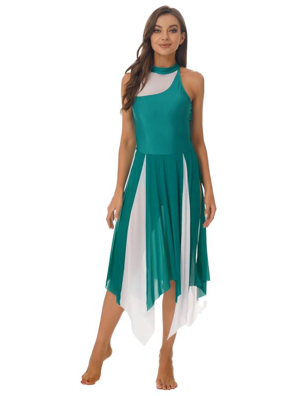 Women Sleeveless Color Block Halter Neck Lyrical Dance Dresses thumb