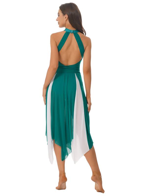 Women Sleeveless Color Block Halter Neck Lyrical Dance Dresses thumb