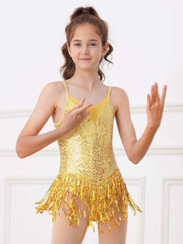 Kids Girls Sleeveless Sequin Tassel Latin Dance Leotards thumb