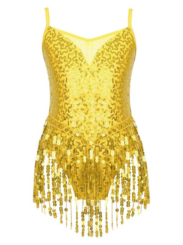 Kids Girls Sleeveless Sequin Tassel Latin Dance Leotards thumb