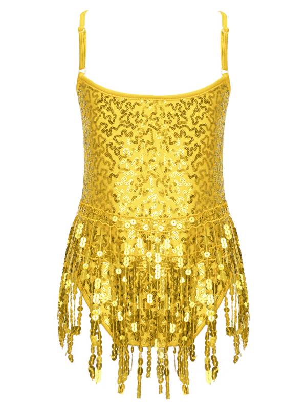 Kids Girls Sleeveless Sequin Tassel Latin Dance Leotards thumb