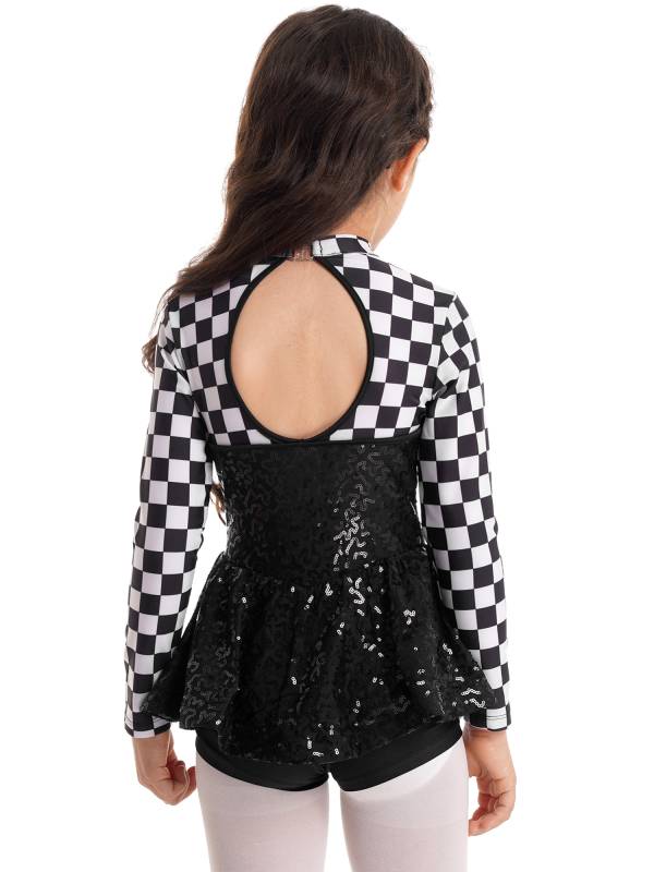 Kids Girls Racer Costume Sequin Checkerboard Printed Bodysuit thumb