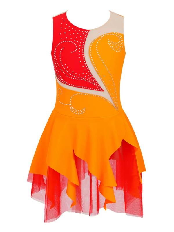 Kids Girls Sleeveless Colorblock Rhinestone Skating Dance Dress thumb