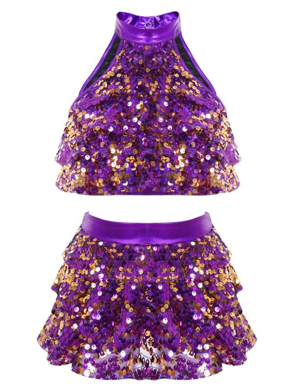 Kids Girls Sequin Backless Crop Top and Skirt Jazz Dance Sets thumb