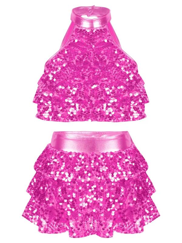 Kids Girls Sequin Backless Crop Top and Skirt Jazz Dance Sets thumb