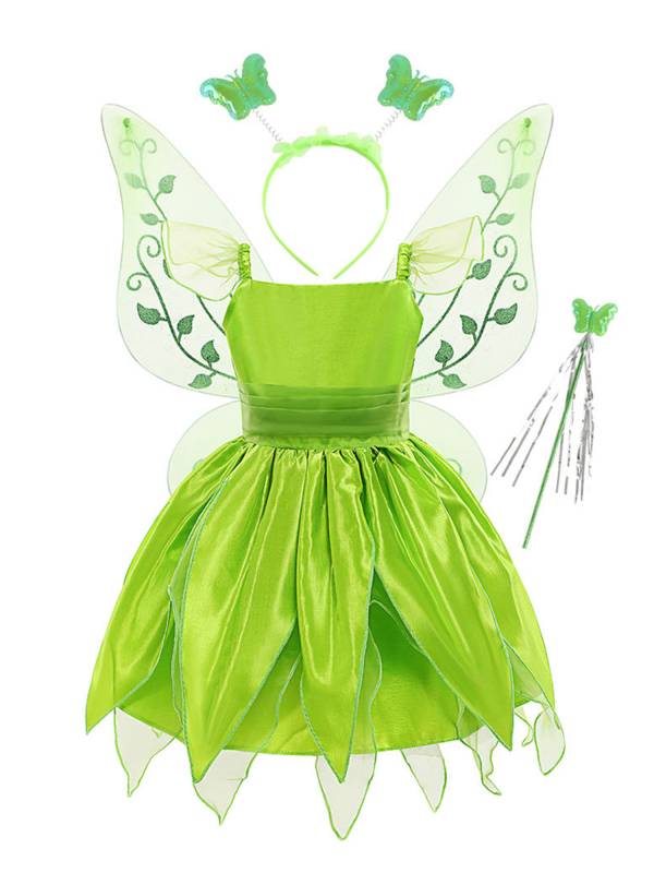 Kids Girls Elf Costume Square Neck Flutter Sleeve Dress with Headwear and Wings thumb