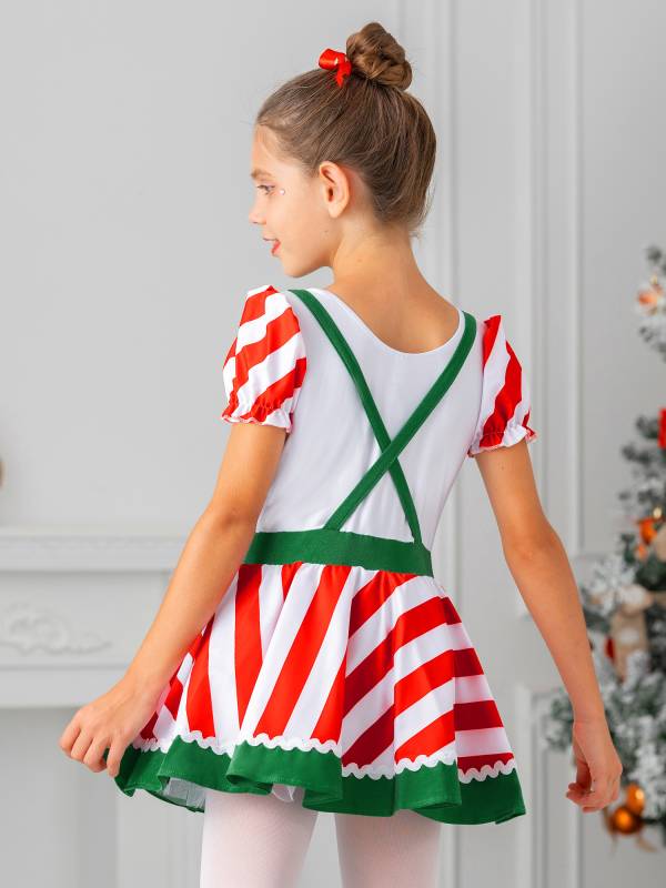 Kids Girls Christmas Ruffle Short Sleeve Striped Bowknot Tutu Dress thumb