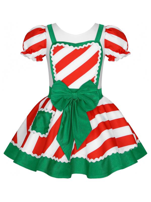 Kids Girls Christmas Ruffle Short Sleeve Striped Bowknot Tutu Dress thumb