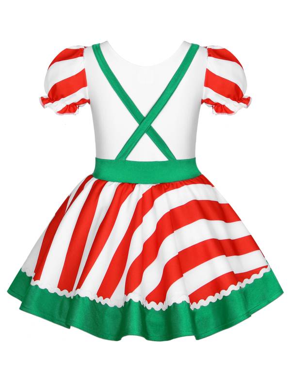 Kids Girls Christmas Ruffle Short Sleeve Striped Bowknot Tutu Dress thumb