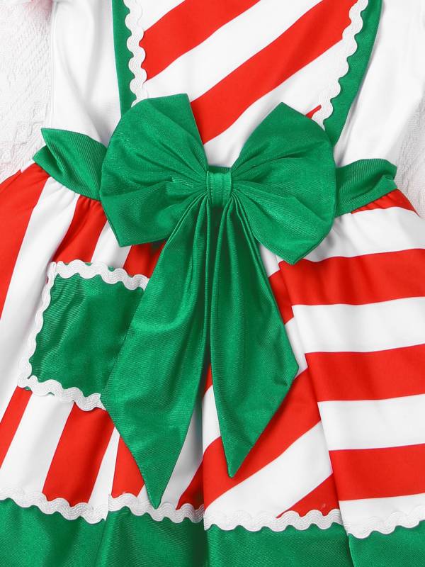 Kids Girls Christmas Ruffle Short Sleeve Striped Bowknot Tutu Dress thumb