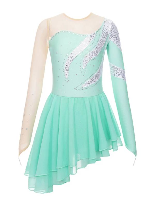 Kids Girls Long Sleeve Sequin Hollow Back Skating Dance Dress thumb