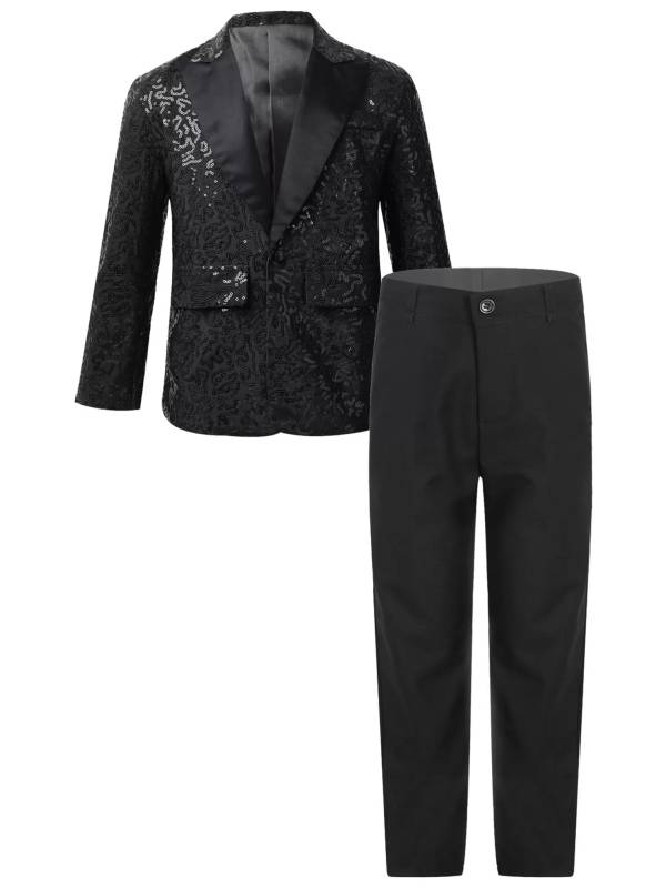 Kids Boys Sequins Lapel Blazer Tuxedo and Pants Formal Suits thumb