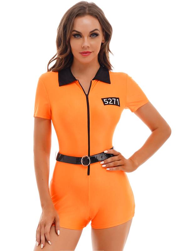 Women Short Sleeve Lapel Prisoner Cosplay Halloween Party Romper with Belt thumb