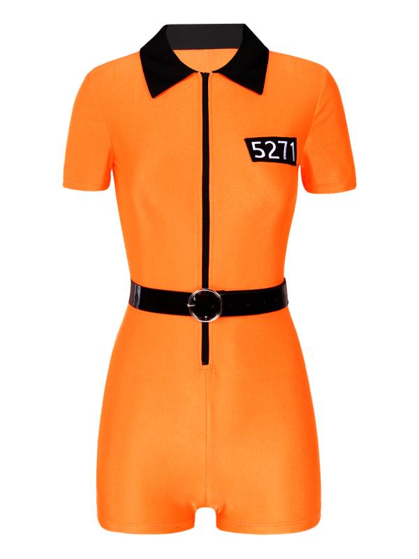 Women Short Sleeve Lapel Prisoner Cosplay Halloween Party Romper with Belt thumb