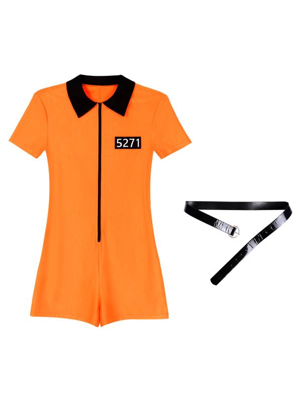 Women Short Sleeve Lapel Prisoner Cosplay Halloween Party Romper with Belt thumb