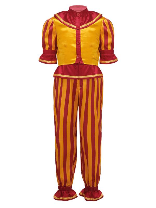 Kids 2pcs Striped Half Sleeve Satin Tops and Pants Circus Clown Costume Set thumb