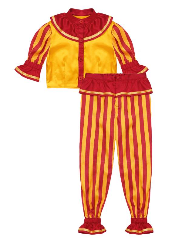 Kids 2pcs Striped Half Sleeve Satin Tops and Pants Circus Clown Costume Set thumb