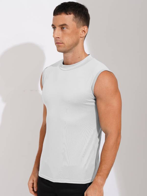 Men Sleeveless Solid Color Slim Fit Mock Neck Sports T-shirt thumb