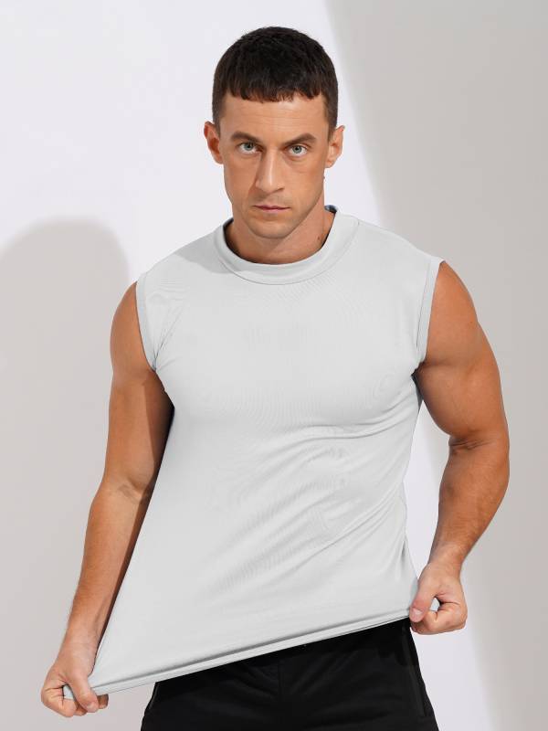 Men Sleeveless Solid Color Slim Fit Mock Neck Sports T-shirt thumb