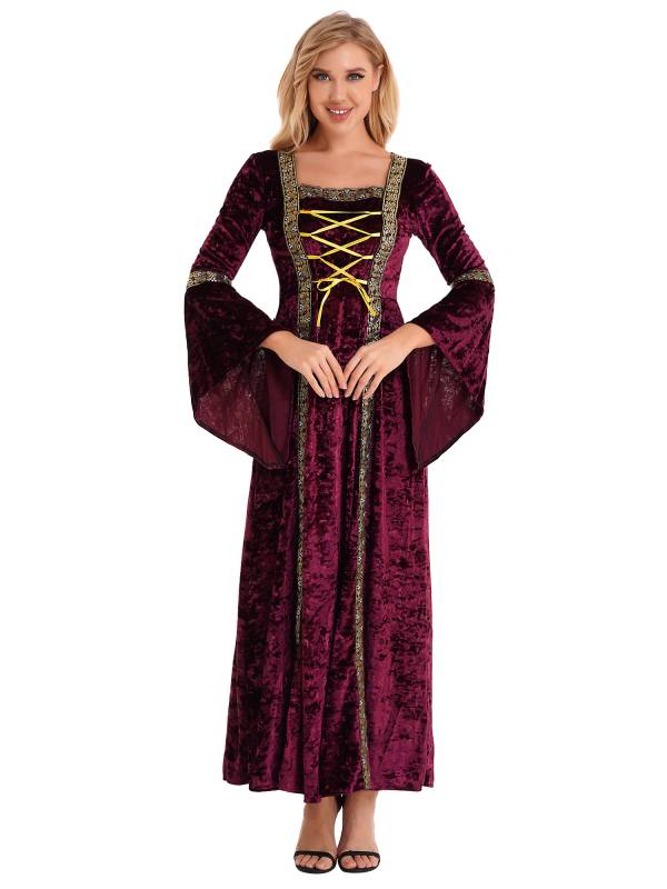 Women Renaissance Medieval Long Sleeve Lace-up Velvet Maxi Dress thumb