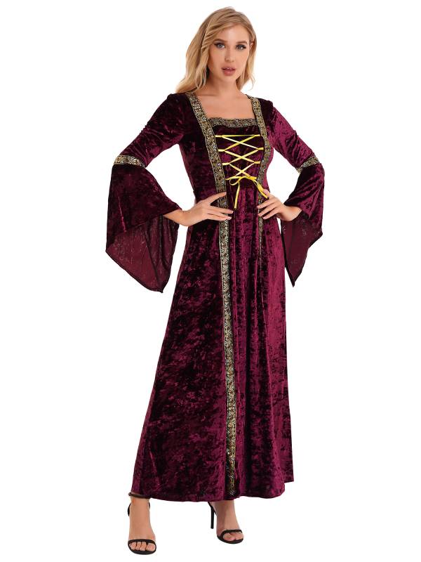 Women Renaissance Medieval Long Sleeve Lace-up Velvet Maxi Dress thumb