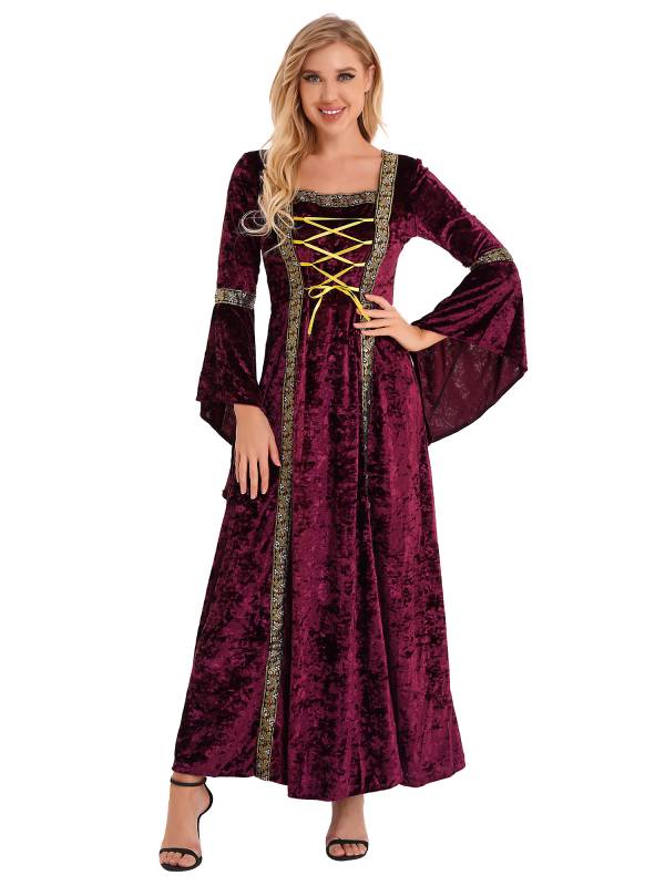 Women Renaissance Medieval Long Sleeve Lace-up Velvet Maxi Dress thumb