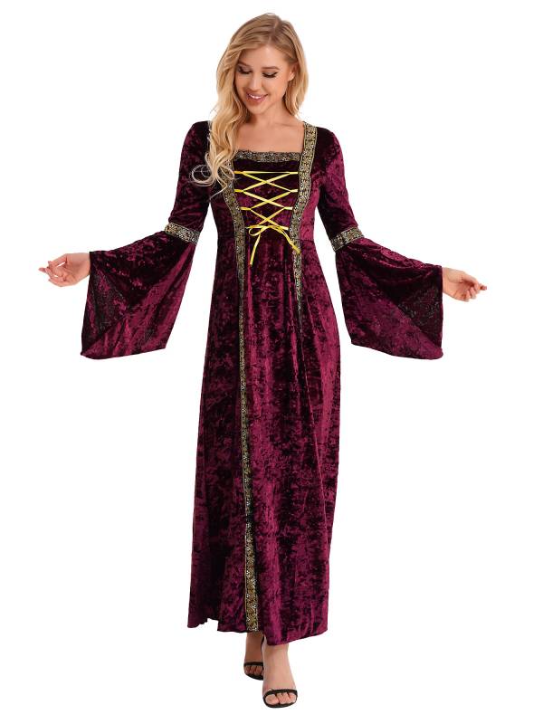 Women Renaissance Medieval Long Sleeve Lace-up Velvet Maxi Dress thumb