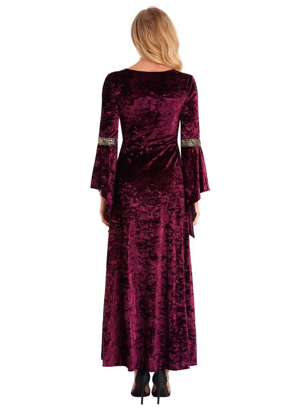 Women Renaissance Medieval Long Sleeve Lace-up Velvet Maxi Dress thumb