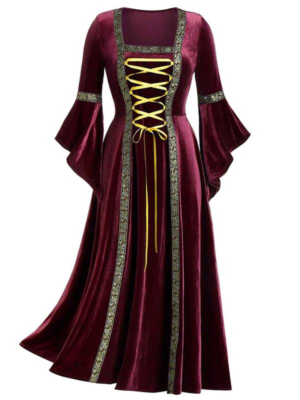 Women Renaissance Medieval Long Sleeve Lace-up Velvet Maxi Dress thumb