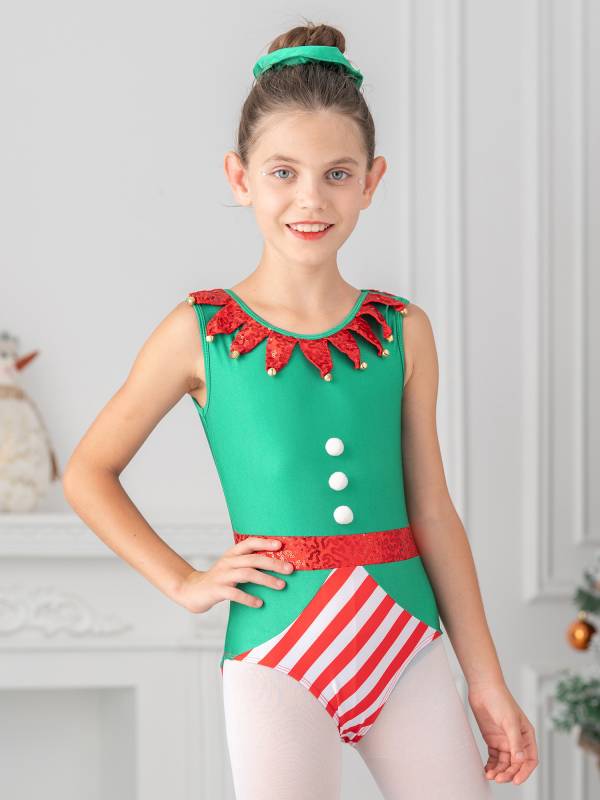 Kids Girls Christmas Elf Bell Pom Sleeveless Sequin Bodysuit with Headband thumb