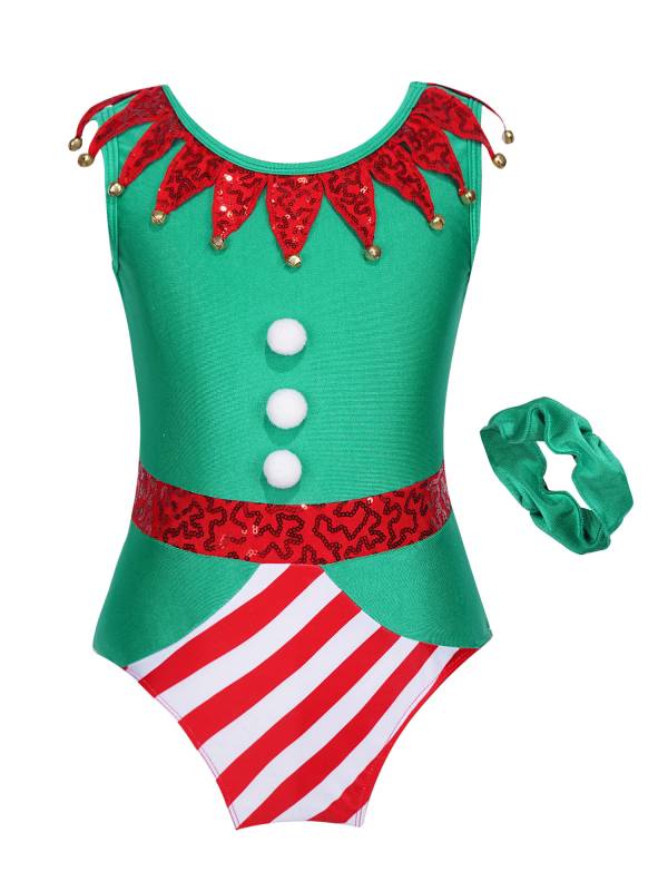 Kids Girls Christmas Elf Bell Pom Sleeveless Sequin Bodysuit with Headband thumb