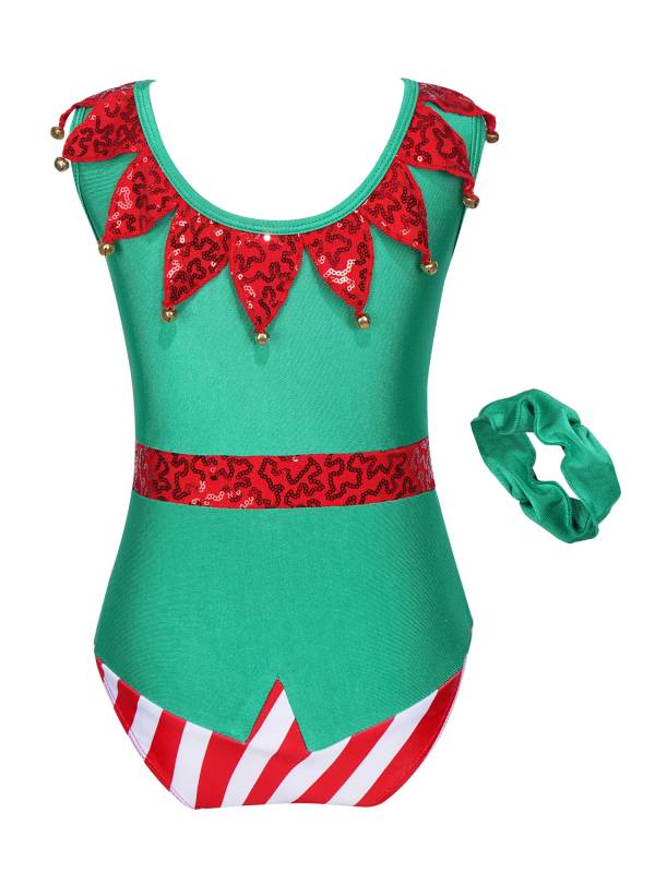 Kids Girls Christmas Elf Bell Pom Sleeveless Sequin Bodysuit with Headband thumb