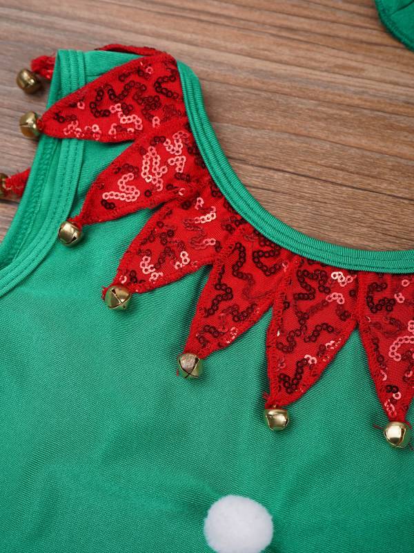 Kids Girls Christmas Elf Bell Pom Sleeveless Sequin Bodysuit with Headband thumb