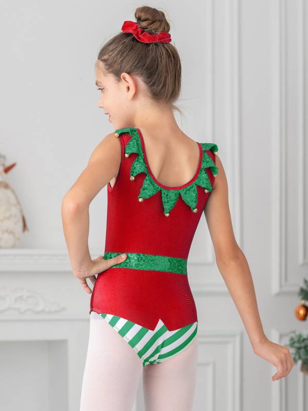 Kids Girls Christmas Elf Bell Pom Sleeveless Sequin Bodysuit with Headband thumb