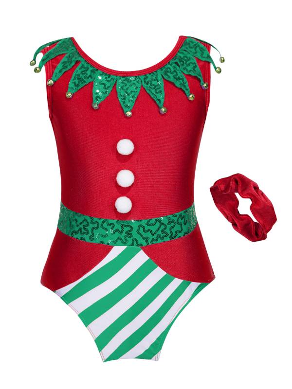 Kids Girls Christmas Elf Bell Pom Sleeveless Sequin Bodysuit with Headband thumb