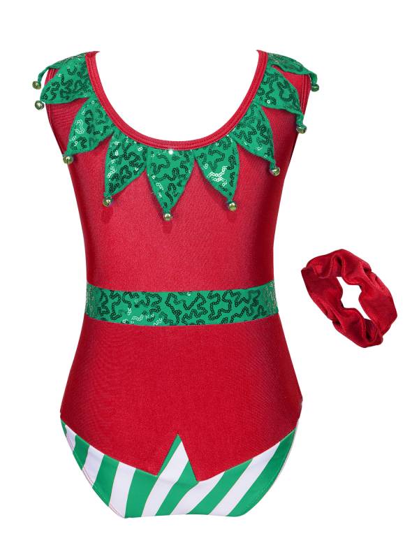 Kids Girls Christmas Elf Bell Pom Sleeveless Sequin Bodysuit with Headband thumb