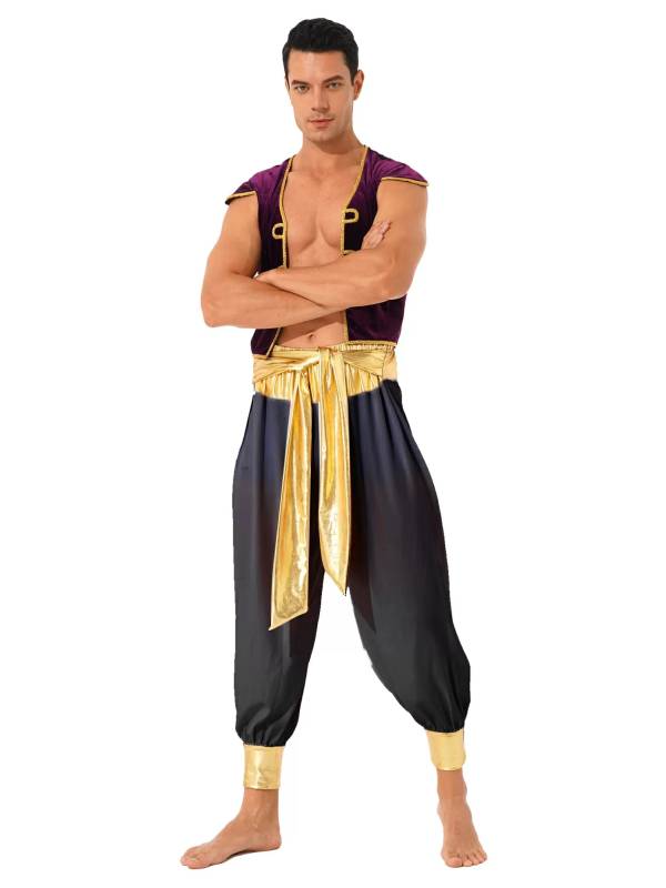 Men 2pcs Arabian Prince Costume Cap Sleeve Vest and Pants Set thumb