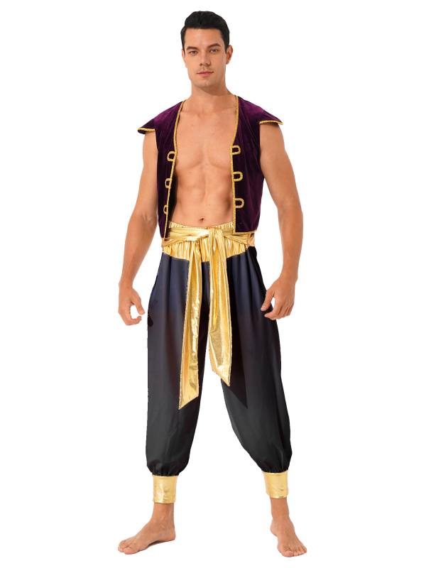 Men 2pcs Arabian Prince Costume Cap Sleeve Vest and Pants Set thumb