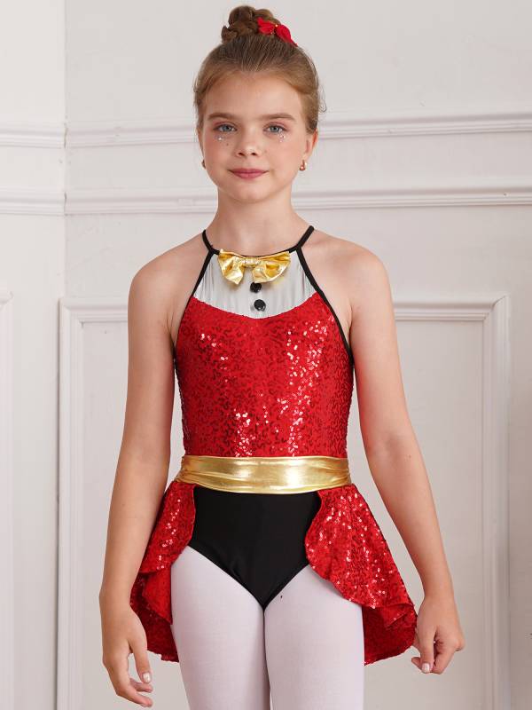 Kids Girls Christmas Halter Neck Sleeveless Bowknot Sequins Leotard thumb