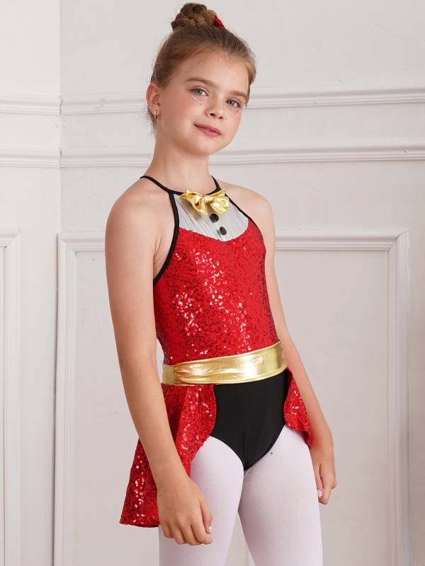 Kids Girls Christmas Halter Neck Sleeveless Bowknot Sequins Leotard thumb