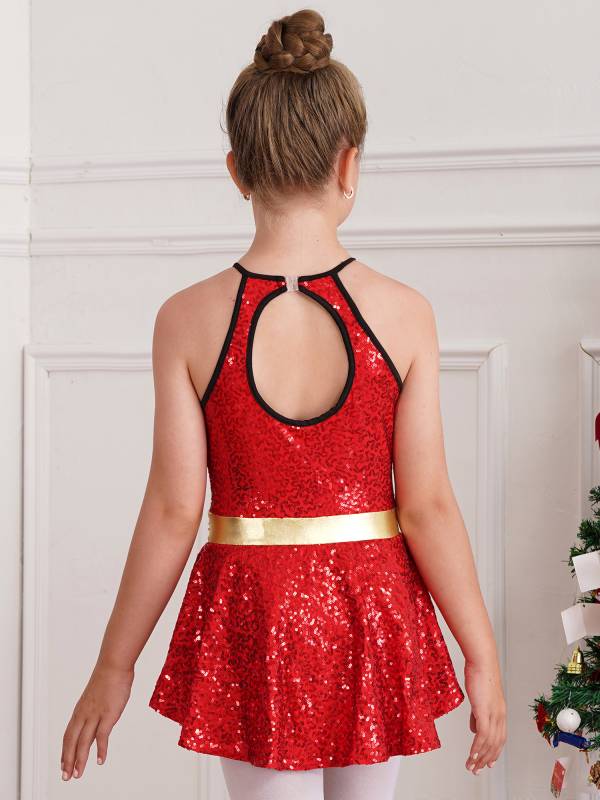 Kids Girls Christmas Halter Neck Sleeveless Bowknot Sequins Leotard thumb