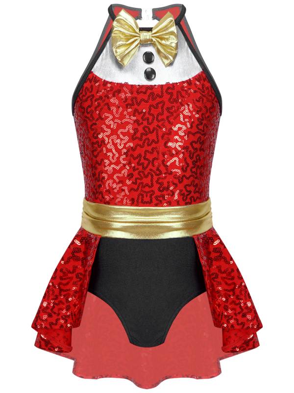 Kids Girls Christmas Halter Neck Sleeveless Bowknot Sequins Leotard thumb