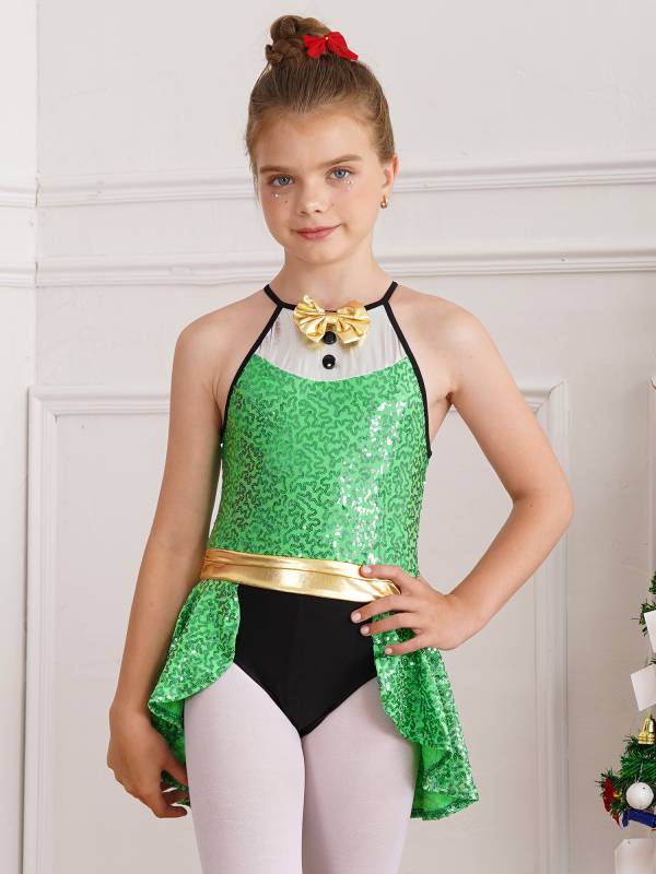 Kids Girls Christmas Halter Neck Sleeveless Bowknot Sequins Leotard thumb