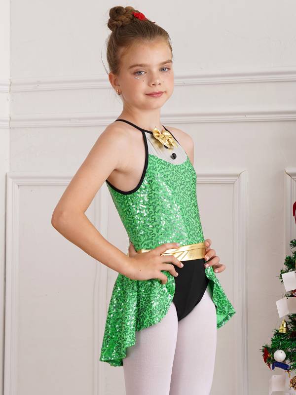 Kids Girls Christmas Halter Neck Sleeveless Bowknot Sequins Leotard thumb