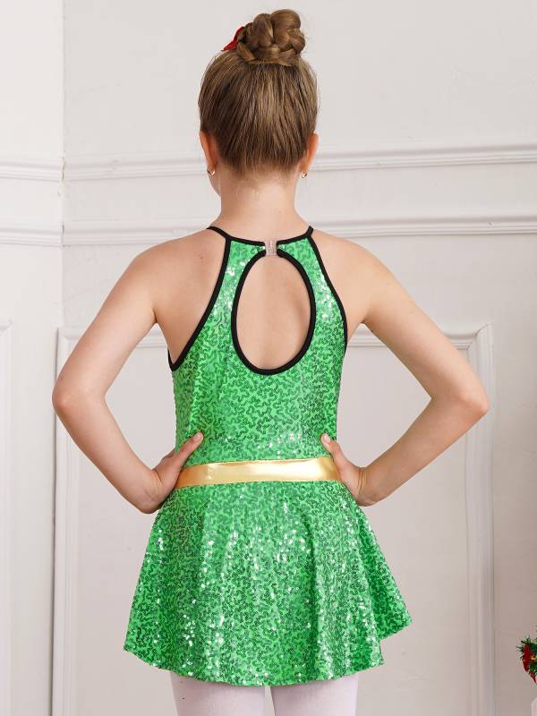 Kids Girls Christmas Halter Neck Sleeveless Bowknot Sequins Leotard thumb