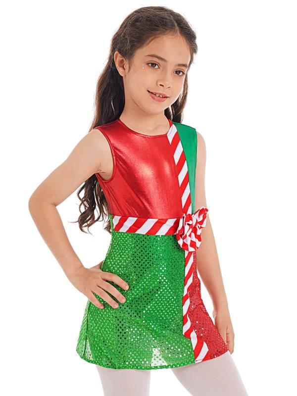 Kids Girls Striped Color Block Sleeveless Sequins Christmas Leotard Dress thumb