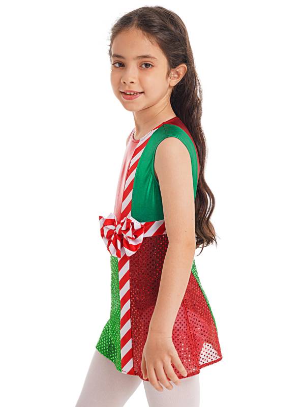 Kids Girls Striped Color Block Sleeveless Sequins Christmas Leotard Dress thumb