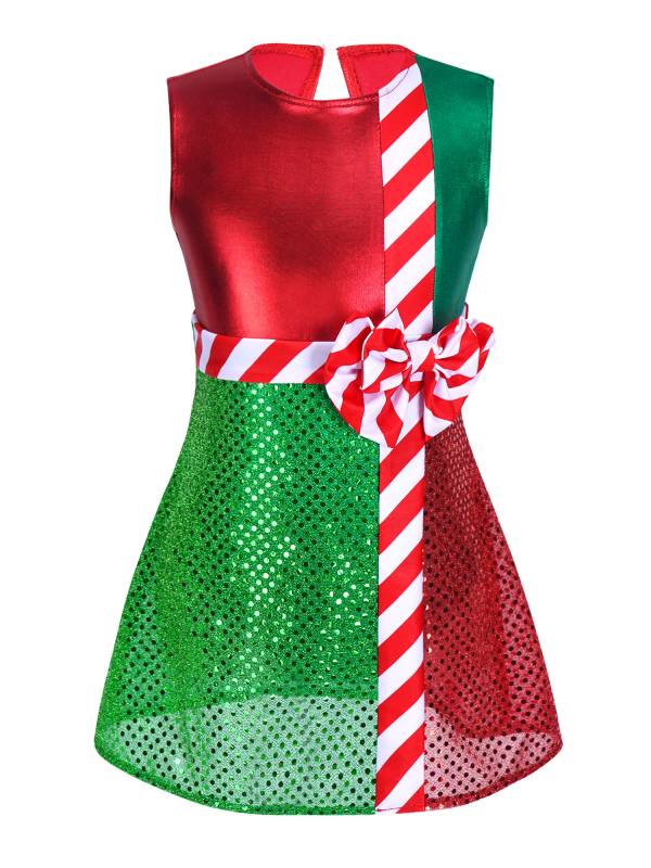 Kids Girls Striped Color Block Sleeveless Sequins Christmas Leotard Dress thumb