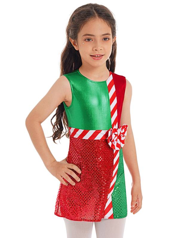 Kids Girls Striped Color Block Sleeveless Sequins Christmas Leotard Dress thumb